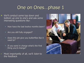 One on Ones…phase 1 <ul><li>We’ll conduct some top down and bottom up one to one’s and ask some interesting questions like...