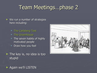 Team Meetings…phase 2 <ul><li>We run a number of strategies here including: </li></ul><ul><ul><li>The Carlsberg Test </li>...