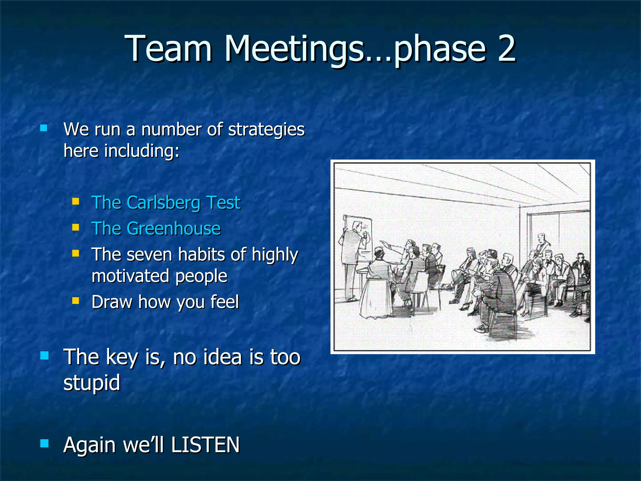 Team Meetings…phase 2 We run a number of strategies here including: The Carlsberg Test The Greenhouse The seven habits of highly motivated people Draw how you feel The key is, no idea is too stupid Again we’ll LISTEN 