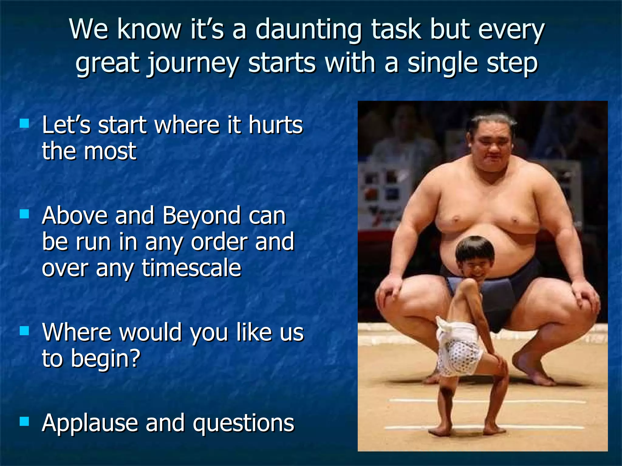 We know it’s a daunting task but every great journey starts with a single step Let’s start where it hurts the most  Above and Beyond can be run in any order and over any timescale Where would you like us to begin? Applause and questions 