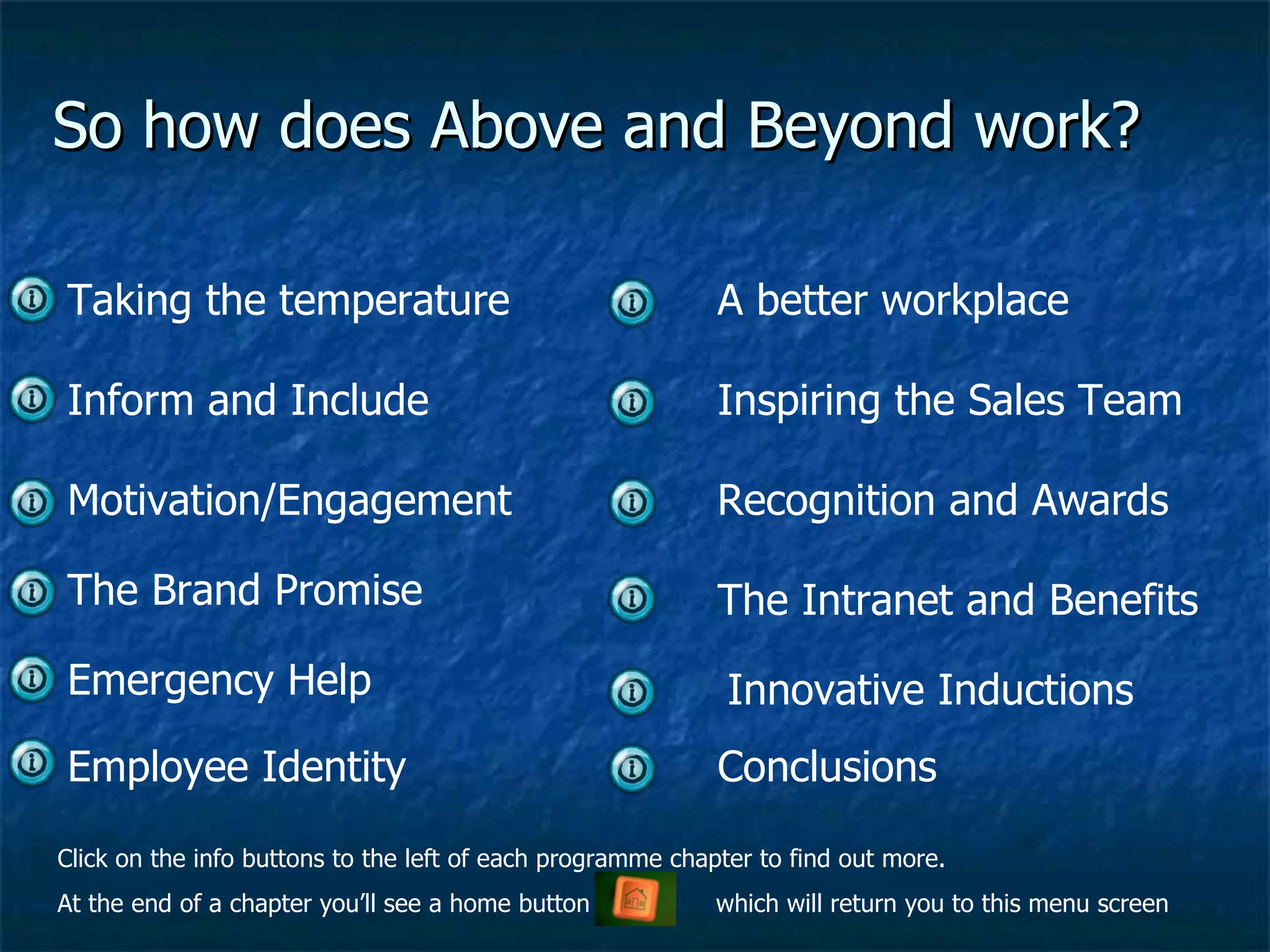 So how does Above and Beyond work? Inform and Include Taking the temperature Motivation/Engagement The Brand Promise Emergency Help Innovative Inductions A better workplace Recognition and Awards The Intranet and Benefits Click on the info buttons to the left of each programme chapter to find out more. At the end of a chapter you’ll see a home button    which will return you to this menu screen Employee Identity Inspiring the Sales Team Conclusions 