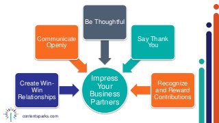 contentsparks.com
Impress
Your
Business
Partners
Create Win-
Win
Relationships
Communicate
Openly
Be Thoughtful
Say Thank
You
Recognize
and Reward
Contributions
 