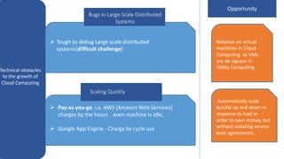 Technical obstacles
to the growth of
Cloud Computing
Data Lock In
Ø Tough to debug Large scale distributed
systems(difficult challenge)
Ø Pay-as-you-go i.e. AWS (Amazon Web Services)
charges by the hours even machine is idle,
Ø Google App Engine - Charge by cycle use
Reliance on virtual
machines in Cloud
Computing as VMs
are de rigueur in
Utility Computing
Automatically scale
quickly up and down in
response to load in
order to save money, but
without violating service
level agreements.
Opportunity
Bugs in Large-Scale Distributed
Systems
Scaling Quickly
 