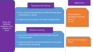 Policy and
Business
obstacles to the
adoption of
Cloud
Data Lock In
Ø One customer’s bad behavior can affect the reputation
of the cloud as a whole
Ø Legal issue is the question of transfer of legal liability
Ø Users pay for the software and then pay an annual
maintenance fee
Ø Licensing model for commercial software is not a good
match to Utility Computing
Offer reputation-
gaurding services like
those for
E-mail.
Open Source vs Changes to
Licenses
Opportunity
Reputation Fate Sharing
Software Licensing
Policy and
Business
obstacles to the
adoption of
Cloud
 
