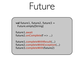 Future
val future1, future2, future3 =
 Future.empty[String]

future1.await
future2.onComplete(f => ...)

future1.completeWithResult(...)
future2.completeWithException(...)
future3.completeWith(future2)
 