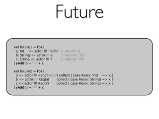 Future
val future1 = for {
  a: Int <- actor !!! "Hello" // returns 5
  b: String <- actor !!! a    // returns "10"
  c: String <- actor !!! 7    // returns "14"
} yield b + "-" + c

val future2 = for {
  a <- actor !!! Req("Hello") collect { case Res(x: Int) => x }
  b <- actor !!! Req(a)     collect { case Res(x: String) => x }
  c <- actor !!! Req(7)     collect { case Res(x: String) => x }
} yield b + "-" + c
 