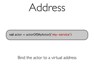 Address

val actor = actorOf[MyActor](“my-service”)




     Bind the actor to a virtual address
 