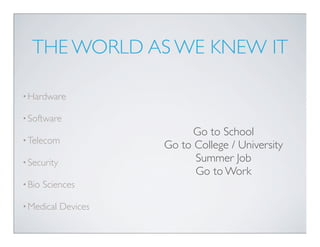 THE WORLD AS WE KNEW IT

• Hardware

• Software
                             Go to School
• Telecom
                       Go to College / University
• Security                   Summer Job
                             Go to Work
• Bio   Sciences

• Medical    Devices
 