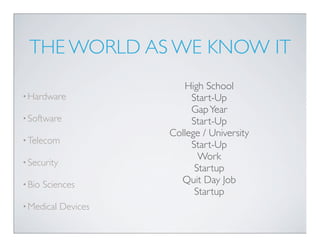 THE WORLD AS WE KNOW IT
                          High School
• Hardware                  Start-Up
                            Gap Year
• Software                  Start-Up
                       College / University
• Telecom
                            Start-Up
                              Work
• Security
                             Startup
• Bio   Sciences         Quit Day Job
                             Startup
• Medical    Devices
 