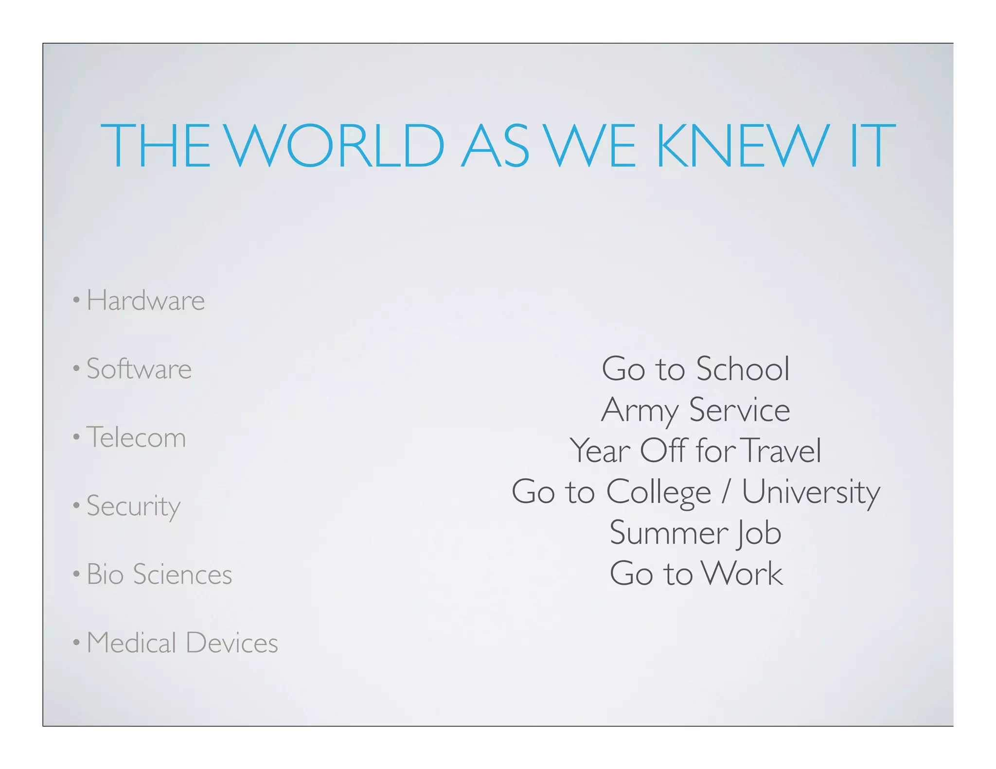 THE WORLD AS WE KNEW IT

• Hardware

• Software                   Go to School
                            Army Service
• Telecom
                          Year Off for Travel
• Security             Go to College / University
                             Summer Job
• Bio   Sciences             Go to Work
• Medical    Devices
 