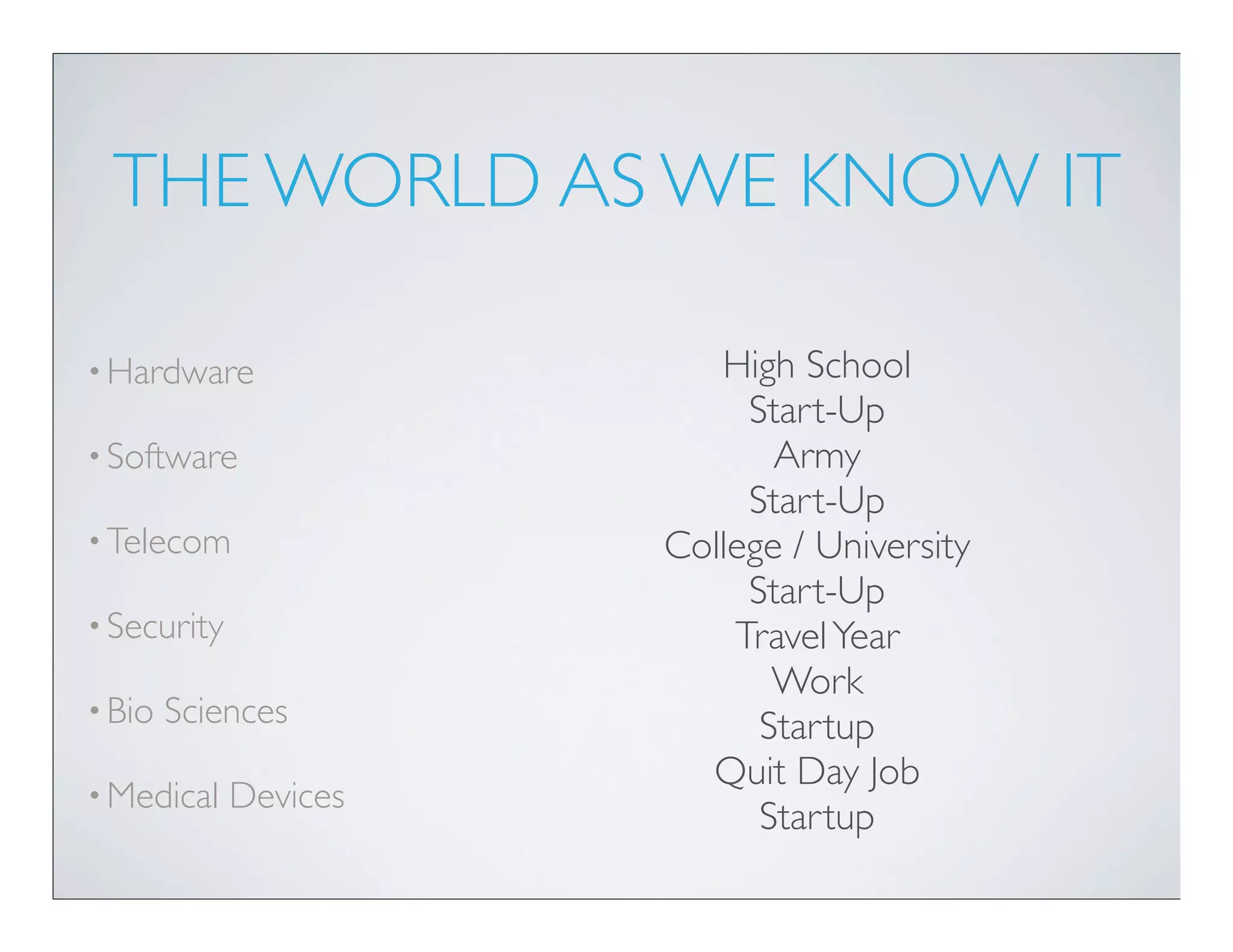 THE WORLD AS WE KNOW IT

• Hardware                High School
                            Start-Up
• Software                    Army
                            Start-Up
• Telecom              College / University
                            Start-Up
• Security                 Travel Year
                              Work
• Bio   Sciences             Startup
                         Quit Day Job
• Medical    Devices
                             Startup
 