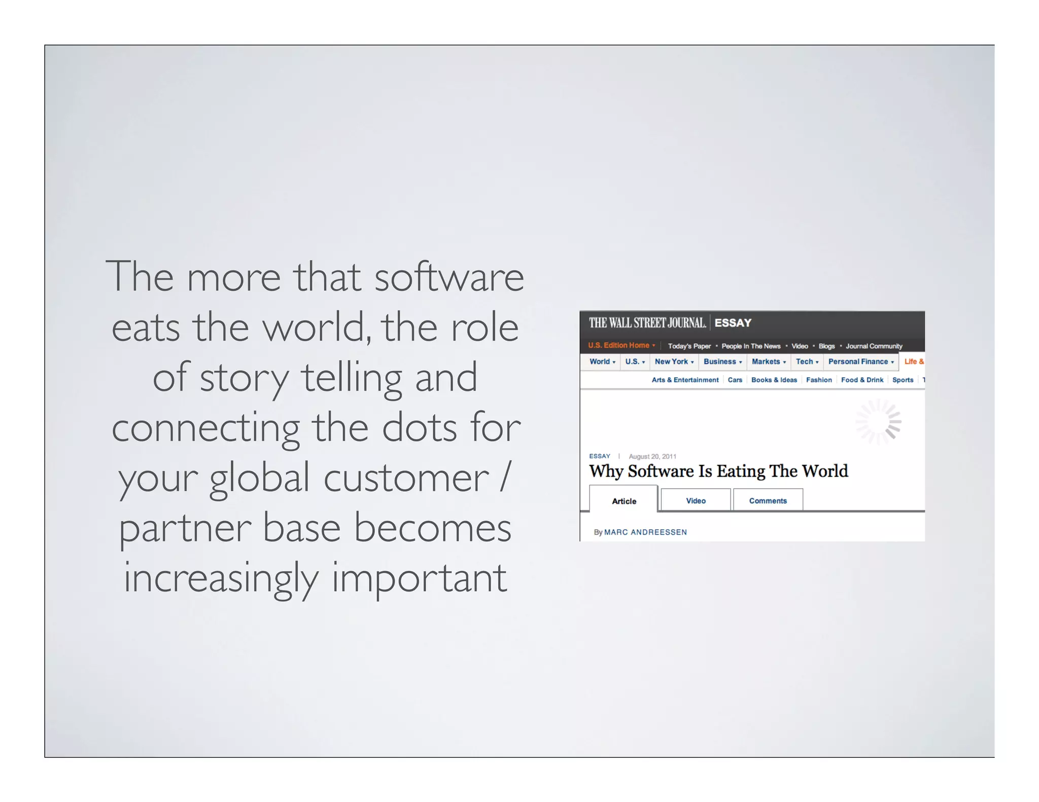 The more that software
eats the world, the role
   of story telling and
connecting the dots for
your global customer /
 partner base becomes
 increasingly important
 