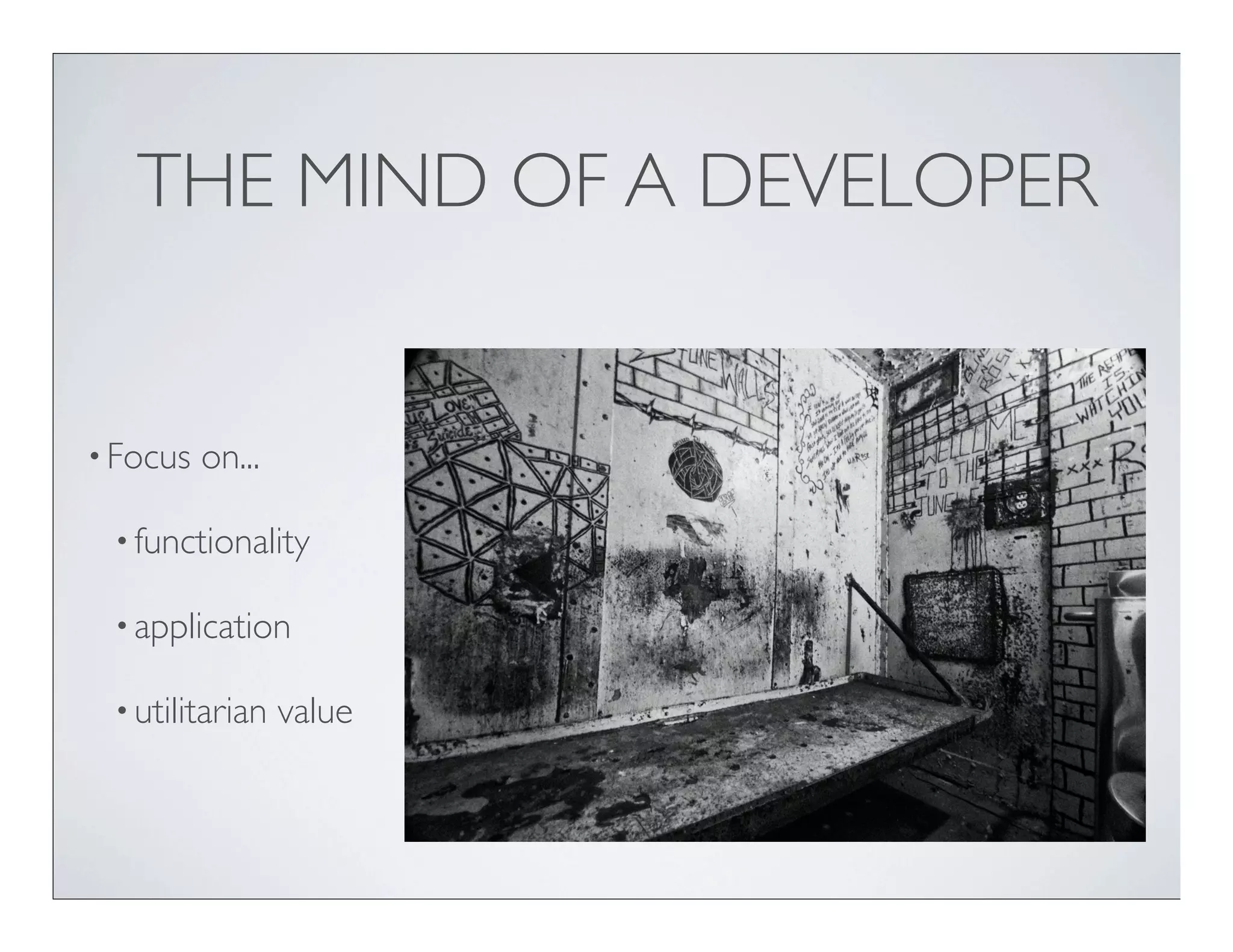 THE MIND OF A DEVELOPER


• Focus   on...

 • functionality

 • application

 • utilitarian    value
 
