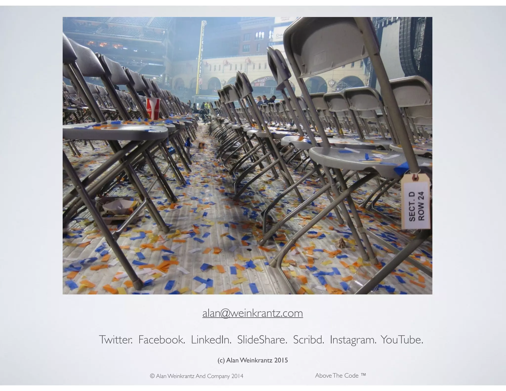 alan@weinkrantz.com
Twitter. Facebook. LinkedIn. SlideShare. Scribd. Instagram. YouTube.
© Alan Weinkrantz And Company 2014 AboveThe Code ™
(c) Alan Weinkrantz 2015
 