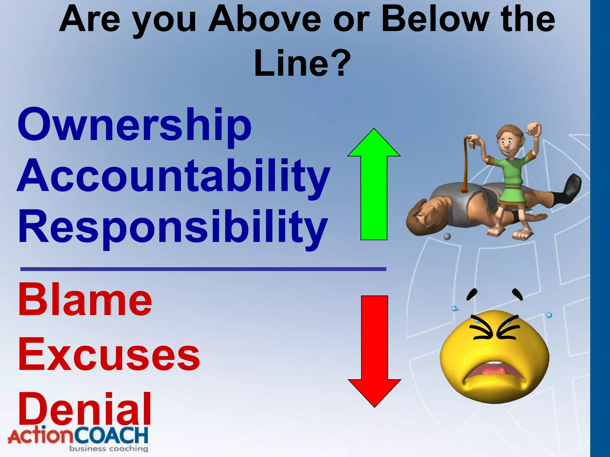 Ownership Accountability Responsibility Blame Excuses Denial Are you Above or Below the Line?