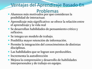 Ventajas del Aprendizaje Basado En
                 Problemas
 Alumnos más motivados por que consideran la
    posibilidad de interactuar.
   Aprendizaje más significativo: se ofrece la relación entre
    el aprendizaje y la vida real
   Se desarrollan habilidades de pensamiento crítico y
    reflexivo.
   Se integra un modelo de trabajo.
   Posiblilta mayor retención de información.
   Permite la integración del conocimeintos de distintas
    disciplinas.
   Las habilidades que se logran son perdurables.
   Incrementa la autodirección
   Mejora la comprensión y desarrollo de habilidades
    interpersonales y de trabajo en equipo.
 