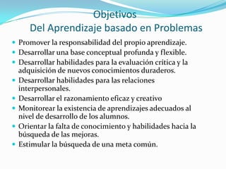 Objetivos
       Del Aprendizaje basado en Problemas
 Promover la responsabilidad del propio aprendizaje.
 Desarrollar una base conceptual profunda y flexible.
 Desarrollar habilidades para la evaluación crítica y la
    adquisición de nuevos conocimientos duraderos.
   Desarrollar habilidades para las relaciones
    interpersonales.
   Desarrollar el razonamiento eficaz y creativo
   Monitorear la existencia de aprendizajes adecuados al
    nivel de desarrollo de los alumnos.
   Orientar la falta de conocimiento y habilidades hacia la
    búsqueda de las mejoras.
   Estimular la búsqueda de una meta común.
 