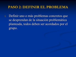 PASO 2: DEFINIR EL PROBLEMA

1.   Definir uno o más problemas concretos que
     se desprendan de la situación problemática
     planteada, todos deben ser acordados por el
     grupo.
 