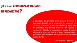 El aprendizaje por proyectos es un conjunto de tareas de
aprendizaje basada en la resolución de preguntas y/o
problemas, que implica al alumno en el diseño y planificación
del aprendizaje, en la toma de decisiones y en procesos de
investigación, dándoles la oportunidad de trabajar de manera
relativamente autónoma durante la mayor parte del tiempo,
que culmina en la realización de un producto final presentado
ante los demás.
(Jones, Rasmussen & Moffitt 1997)
¿Qué es el APRENDIZAJE BASADOAPRENDIZAJE BASADO
EN PROYECTOSEN PROYECTOS??
 