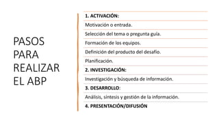 PASOS
PARA
REALIZAR
EL ABP
1. ACTIVACIÓN:
Motivación o entrada.
Selección del tema o pregunta guía.
Formación de los equipos.
Definición del producto del desafío.
Planificación.
2. INVESTIGACIÓN:
Investigación y búsqueda de información.
3. DESARROLLO:
Análisis, síntesis y gestión de la información.
4. PRESENTACIÓN/DIFUSIÓN
 