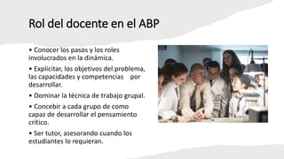 Rol del docente en el ABP
• Conocer los pasos y los roles
involucrados en la dinámica.
• Explicitar, los objetivos del problema,
las capacidades y competencias por
desarrollar.
• Dominar la técnica de trabajo grupal.
• Concebir a cada grupo de como
capaz de desarrollar el pensamiento
crítico.
• Ser tutor, asesorando cuando los
estudiantes lo requieran.
 