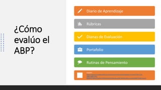 ¿Cómo
evalúo el
ABP?
Diario de Aprendizaje
Rúbricas
Dianas de Evaluación
Portafolio
Rutinas de Pensamiento
FUENTE:
https://www.juntadeandalucia.es/educacion/portals/delegate/content/726c113c-
18be-44f0-a1fc-
60b241f1beca/Sesi%C3%B3n%203%20Evaluaci%C3%B3n%20curso%20ABP%20Primaria
 