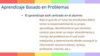 • El aprendizaje estA centrado en el alumno
Bajo la guía de un tutor, los estudiantes deben
tomar la responsabilidad de su propio
aprendizaje, identificando lo que necesitan
conocer para tener un mejor entendimiento y
manejo del problema en el cual están
trabajando, y determinando dónde conseguir la
información necesaria (libros, revistas,
profesores, internet, etc.).
Aprendizaje Basado en Problemas
 