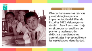 Propósito
Ofrecer herramientas teóricas
y metodológicas para la
implementación del Plan de
Estudios 2022, del programa
sintético fase 2 y su aterrizaje
en el programa analítico del
plantel y la planeación
didáctica, atendiendo los
aprendizajes imprescindibles y
las necesidades identificadas.
 