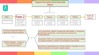 Trayecto formativo de la Educación
Básica
Educación Inicial
Fase 1 Fase 2 Fase 3 Fase 4 Fase 5 Fase 6
Educación
Preescolar 1º,
2º y 3º grado
1º y 2º grados de
Educación
Primaria
3º y 4º grados de
Educación
Primaria
5º y 6º grados de
Educación
Primaria
Educación
Secundaria 1º, 2º
y 3º grado
Favorece el desarrollo integral, el
desarrollo de distintos lenguajes
Distintos lenguajes, , el juego, el
canto, la lectura y diversas
expresiones artísticas
Se integra por 6 fases
Perfil de
Egreso
Los conocimientos, saberes y experiencias están ligados a situaciones
problemáticas pertinentes y son la base para el proceso de
contextualización
Contenidos y PDA´s son componentes base para que el colectivo diseñe
su programa analítico y construir sus actividades de aprendizaje
El proceso de aprendizaje es un proceso continuo e inacabado, sin una
relación necesaria con la edad o el grado escolar.
A través de
Asumiendo
que
 
