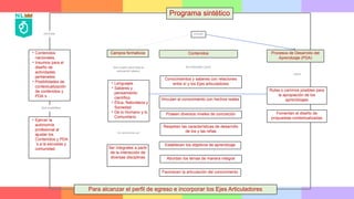 Programa sintético
• Contenidos
nacionales,
• Insumos para el
diseño de
actividades
pertienetes
• Posibilidades de
contextualización
de contenidos y
PDA´s
concreta
• Ejercer la
autonomía
profesional al
ajustar los
Contenidos y PDA
´s a la escuelas y
comunidad.
Que posibilitan
• Lenguajes
• Saberes y
pensamiento
científico
• Ética, Naturaleza y
Sociedad
• De lo Humano y lo
Comunitario
incluye
Campos formativos Contenidos Procesos de Desarrollo del
Aprendizaje (PDA)
Conocimientos y saberes con relaciones
entre sí y los Ejes articuladores
Se caracterizan por
Ser integrales a partir
de la interacción de
diversas disciplinas
Vinculan el conocimiento con hechos reales
Poseen diversos niveles de concreción
Se entienden como
Son cuatro para toda la
educación básica
Respetan las características de desarrollo
de los y las niñas
Establecen los objetivos de aprendizaje
Abordan los temas de manera integral
Favorecen la articulación del conocimiento
Rutas o caminos posibles para
la apropiación de los
aprendizajes
Fomentan el diseño de
propuestas contextualizadas
como
Para alcanzar el perfil de egreso e incorporar los Ejes Articuladores
 