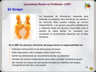 La necesidad de información requerida para
                                entender el problema abre temáticas de estudio a
                                los alumnos. Ellos pueden trabajar de manera
                                independiente o en grupos pequeños identificando
                                y utilizando todos los recursos disponibles para el
                                estudio de estos temas. Es necesario que
                                compartan el conocimiento adquirido con el resto
                                del grupo.


En el ABP los alumnos miembros del grupo tienen la responsabilidad de:
 Participar activamente en las discusiones del grupo
 Estar dispuestos a dar y aceptar crítica constructiva
 Admitir las deficiencias de conocimiento donde se presenten
 Estudiar de manera independiente para poder contribuir al esfuerzo grupal
 Ser honesto al evaluar las actividades de todos los miembros del equipo,
  incluyendo las del tutor y las propias
                                                                                25
 