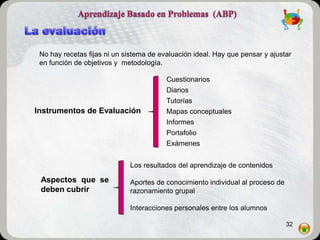 No hay recetas fijas ni un sistema de evaluación ideal. Hay que pensar y ajustar
 en función de objetivos y metodología.

                                         Cuestionarios
                                         Diarios
                                         Tutorías
Instrumentos de Evaluación               Mapas conceptuales
                                         Informes
                                         Portafolio
                                         Exámenes


                             Los resultados del aprendizaje de contenidos

 Aspectos que se             Aportes de conocimiento individual al proceso de
 deben cubrir                razonamiento grupal

                             Interacciones personales entre los alumnos

                                                                                32
 