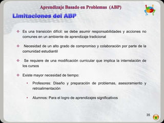 Es una transición difícil: se debe asumir responsabilidades y acciones no
  comunes en un ambiente de aprendizaje tradicional

    Necesidad de un alto grado de compromiso y colaboración por parte de la
    comunidad estudiantil

    Se requiere de una modificación curricular que implica la interrelación de
    los cursos

 Existe mayor necesidad de tiempo:

         Profesores: Diseño y preparación de problemas, asesoramiento y
          retroalimentación

         Alumnos: Para el logro de aprendizajes significativos



                                                                                  35
 