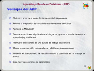  El alumno aprende a tomar decisiones metodológicamente

 Permite la integración de conocimientos de distintas disciplinas

 Aumenta la Motivación

 Genera aprendizajes significativos e integrados, gracias a la relación entre el
  aprendizaje y la vida real

 Promueve el desarrollo de una cultura de trabajo colaborativo

 Mejora la comprensión y desarrollo de habilidades interpersonales

 Potencia el compromiso, la responsabilidad y confianza en el trabajo en
  equipo

 Crea nuevos escenarios de aprendizaje

                                                                               37
 