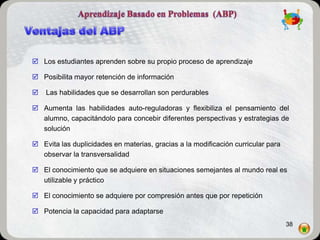  Los estudiantes aprenden sobre su propio proceso de aprendizaje

 Posibilita mayor retención de información

   Las habilidades que se desarrollan son perdurables

 Aumenta las habilidades auto-reguladoras y flexibiliza el pensamiento del
  alumno, capacitándolo para concebir diferentes perspectivas y estrategias de
  solución

 Evita las duplicidades en materias, gracias a la modificación curricular para
  observar la transversalidad

 El conocimiento que se adquiere en situaciones semejantes al mundo real es
  utilizable y práctico

 El conocimiento se adquiere por compresión antes que por repetición

 Potencia la capacidad para adaptarse
                                                                                  38
 