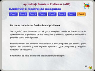 Paso 1    Paso 2    Paso 3    Paso 4    Paso 5    Paso 6    Paso 7   Paso 8




8.- Hacer un informe final sobre el problema

Se organizó una discusión con el grupo completo donde se habló sobre lo
aprendido con el problema de los mosquitos y sobre lo aprendido de manera
personal como investigadores.

Posteriormente, los alumnos respondieron a dos preguntas por escrito: ¿qué
opinas del problema y que lograste apreciar?, ¿qué preguntas y enigmas
quedaron sin respuesta?.

Finalmente, se llevó a cabo una coevaluación por equipos.




                                                                              48
 