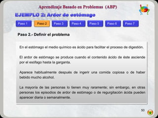 Paso 1      Paso 2     Paso 3     Paso 4      Paso 5     Paso 6      Paso 7


Paso 2.- Definir el problema


 En el estómago el medio químico es ácido para facilitar el proceso de digestión.

 El ardor de estómago se produce cuando el contenido ácido de éste asciende
 por el esófago hasta la garganta.

 Aparece habitualmente después de ingerir una comida copiosa o de haber
 bebido mucho alcohol.

 La mayoría de las personas lo tienen muy raramente; sin embargo, en otras
 personas los episodios de ardor de estómago o de regurgitación ácida pueden
 aparecer diaria o semanalmente.


                                                                               50
 