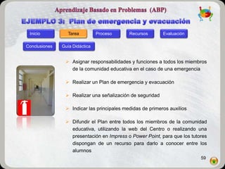 Inicio           Tarea         Proceso     Recursos       Evaluación

Conclusiones   Guía Didáctica


                 Asignar responsabilidades y funciones a todos los miembros
                  de la comunidad educativa en el caso de una emergencia

                 Realizar un Plan de emergencia y evacuación

                 Realizar una señalización de seguridad

                 Indicar las principales medidas de primeros auxilios

                 Difundir el Plan entre todos los miembros de la comunidad
                  educativa, utilizando la web del Centro o realizando una
                  presentación en Impress o Power Point, para que los tutores
                  dispongan de un recurso para darlo a conocer entre los
                  alumnos
                                                                          59
 