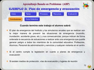 Inicio         Tarea            Procesos     Recursos       Evaluación

   Conclusiones     Guía Didáctica


              Cuando termine este trabajo el alumno sabrá:

 El plan de emergencia del Instituto y los simulacros anuales que se realizan son
  la mejor manera de prevenir las situaciones de emergencia (incendio,
  inundación, accidente grave, etc.) y sus consecuencias, porque indican de forma
  ordenada la secuencia de actuaciones a realizar ante una emergencia que pueda
  generar peligro a todos los miembros de la comunidad educativa: Profesores,
  Alumnos, Personal de administración y servicios y cualquier visitante en el centro


 Si el centro cumple la legislación en cuanto a planes de emergencia y
  evacuación


 Si existen medios de protección, vías de evacuación y lugares de reunión
                                                                                  72
 