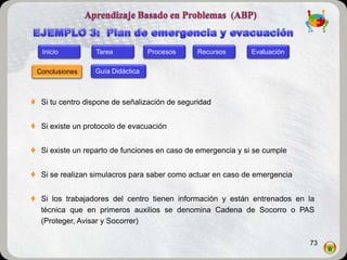Inicio         Tarea            Procesos    Recursos       Evaluación

 Conclusiones     Guía Didáctica



 Si tu centro dispone de señalización de seguridad


 Si existe un protocolo de evacuación


 Si existe un reparto de funciones en caso de emergencia y si se cumple


 Si se realizan simulacros para saber como actuar en caso de emergencia


 Si los trabajadores del centro tienen información y están entrenados en la
  técnica que en primeros auxilios se denomina Cadena de Socorro o PAS
  (Proteger, Avisar y Socorrer)

                                                                           73
 