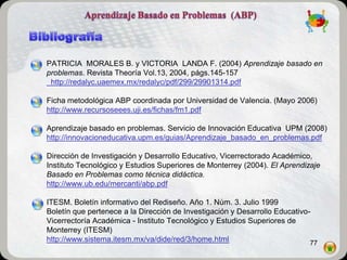 PATRICIA MORALES B. y VICTORIA LANDA F. (2004) Aprendizaje basado en
problemas. Revista Theoría Vol.13, 2004, págs.145-157
 http://redalyc.uaemex.mx/redalyc/pdf/299/29901314.pdf

Ficha metodológica ABP coordinada por Universidad de Valencia. (Mayo 2006)
http://www.recursoseees.uji.es/fichas/fm1.pdf

Aprendizaje basado en problemas. Servicio de Innovación Educativa UPM (2008)
http://innovacioneducativa.upm.es/guias/Aprendizaje_basado_en_problemas.pdf

Dirección de Investigación y Desarrollo Educativo, Vicerrectorado Académico,
Instituto Tecnológico y Estudios Superiores de Monterrey (2004). El Aprendizaje
Basado en Problemas como técnica didáctica.
http://www.ub.edu/mercanti/abp.pdf

ITESM. Boletín informativo del Rediseño. Año 1. Núm. 3. Julio 1999
Boletín que pertenece a la Dirección de Investigación y Desarrollo Educativo-
Vicerrectoría Académica - Instituto Tecnológico y Estudios Superiores de
Monterrey (ITESM)
http://www.sistema.itesm.mx/va/dide/red/3/home.html                          77
 