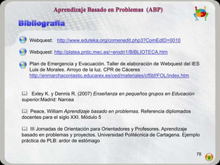 Webquest: http://www.eduteka.org/comenedit.php3?ComEdID=0010

   Webquest: http://platea.pntic.mec.es/~erodri1/BIBLIOTECA.htm

   Plan de Emergencia y Evacuación. Taller de elaboración de Webquest del IES
   Luis de Morales. Arroyo de la luz. CPR de Cáceres
   http://enmarchaconlastic.educarex.es/ced/materiales/cf5bf/FOL/index.htm


 Exley K. y Dennis R. (2007) Enseñanza en pequeños grupos en Educación
superior.Madrid: Narcea

 Peace, William Aprendizaje basado en problemas. Referencia diplomados
docentes para el siglo XXI. Módulo 5

 III Jornadas de Orientación para Orientadores y Profesores. Aprendizaje
basado en problemas y proyectos. Universidad Politécnica de Cartagena. Ejemplo
práctica de PLB: ardor de estómago

                                                                            78
 