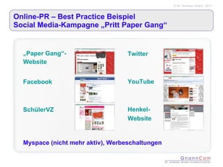 Online-PR – Best Practice Beispiel Social Media-Kampagne „Pritt Paper Gang“ „Paper Gang“- Website Facebook SchülerVZ Myspace (nicht mehr aktiv), Werbeschaltungen YouTube Twitter Henkel- Website 