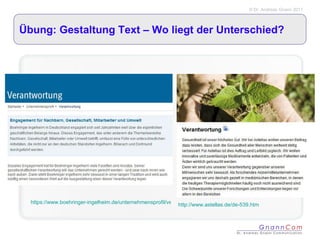 Übung: Gestaltung Text – Wo liegt der Unterschied? http://www.astellas.de/de-539.htm https://www.boehringer-ingelheim.de/unternehmensprofil/verantwortung.html 