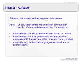 Intranet – Aufgaben  Schnelle und aktuelle Verbreitung von Informationen: Aber:  Check, welche Infos wo am besten kommuniziert  werden können und dann auch nur dort umsetzen. Informationen, die alle schnell erreichen sollen, im Intranet Informationen, die auch gewerbliche Mitarbeiter ohne Intranet-Anschluß erreichen sollen, in einem Rundschreiben Informationen, die der Überzeugungsarbeit bedürfen, in einem Meeting 