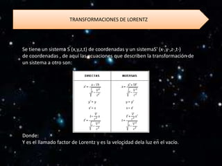 TRANSFORMACIONES DE LORENTZ




Se tiene un sistema S (x,y,z,t) de coordenadas y un sistemaS' (x·,y·,z·,t·)
de coordenadas , de aquí las ecuaciones que describen la transformación de
un sistema a otro son:




Donde:
Y es el llamado factor de Lorentz y es la velocidad dela luz en el vacío.
 