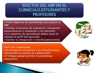EFECTOS DEL ABP EN EL
             CURRICULO,ESTUDIANTES Y
                   PROFESORES
Tener objetivos de aprendizaje para aplicar el
ABP.
Facilitar el proceso de evaluación, incluyendo
autoevaluación y evaluación a los docentes.
Los objetivos de aprendizaje deben estar en
relación al perfil del egresado.
Facilitar la integración e interdisciplinariedad.


Son más responsable.
Incrementa la motivación y la actitud positiva.
Desarrolla su espíritu de colaboración
El trabajo grupal permite el aprendizaje
cooperativo.
 