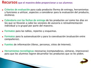 Recursos que el maestro debe proporcionar a sus alumnos
 Criterios de evaluación para cada producto (forma de entrega, herramientas
 y funciones a utilizar, aspectos a considerar para la evaluación del producto,
 etcétera).

 Calendario con las fechas de entrega de los productos así como los días en
 los que se llevarán a cabo las sesiones de asesoría o retroalimentación
 individual y/o grupal por parte del maestro.

 Formatos para las tablas, reportes y esquemas.

 Formatos para la autoevaluación y para la coevaluación (evaluación entre
 compañeros).

 Fuentes de información (libros, personas, sitios de Internet).

 Herramientas tecnológicas necesarias (computadoras, cámaras, impresoras)
 para que los alumnos logren desarrollar los productos que se les piden.
 