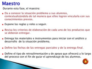 Maestro
Durante esta fase, el maestro:
 Da a conocer la situación problema a sus alumnos,
 contextualizándola de tal manera que ellos logren vincularla con sus
 conocimientos previos.
 Expone las reglas y roles a seguir.

 Revisa los criterios de elaboración de cada uno de los productos que
 se deberán entregar.

 Entrega los materiales e instrumentos para iniciar con el análisis y
 desarrollo de la situación problema.

 Define las fechas de las entregas parciales y de la entrega final.

 Define el tipo de retroalimentación y de apoyo que ofrecerá a lo largo
 del proceso con el fin de guiar el aprendizaje de los alumnos.
 