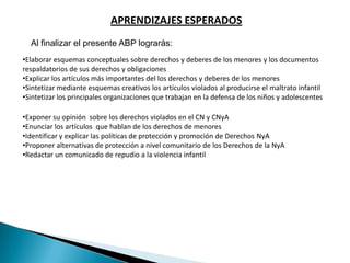 APRENDIZAJES ESPERADOS
  Al finalizar el presente ABP lograrás:
•Elaborar esquemas conceptuales sobre derechos y deberes de los menores y los documentos
respaldatorios de sus derechos y obligaciones
•Explicar los artículos más importantes del los derechos y deberes de los menores
•Sintetizar mediante esquemas creativos los artículos violados al producirse el maltrato infantil
•Sintetizar los principales organizaciones que trabajan en la defensa de los niños y adolescentes

•Exponer su opinión sobre los derechos violados en el CN y CNyA
•Enunciar los artículos que hablan de los derechos de menores
•Identificar y explicar las políticas de protección y promoción de Derechos NyA
•Proponer alternativas de protección a nivel comunitario de los Derechos de la NyA
•Redactar un comunicado de repudio a la violencia infantil
 